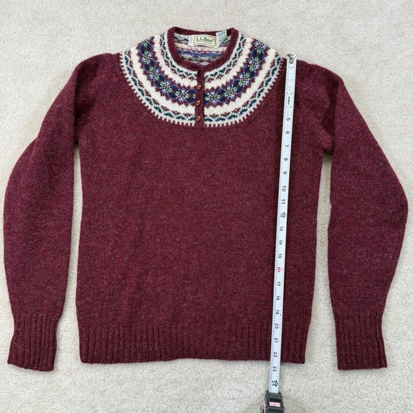 Vtg LL Bean 100% Wool Nordic Fair Isle Henley Sweater Womens Small/38 Maroon - Picture 4 of 9